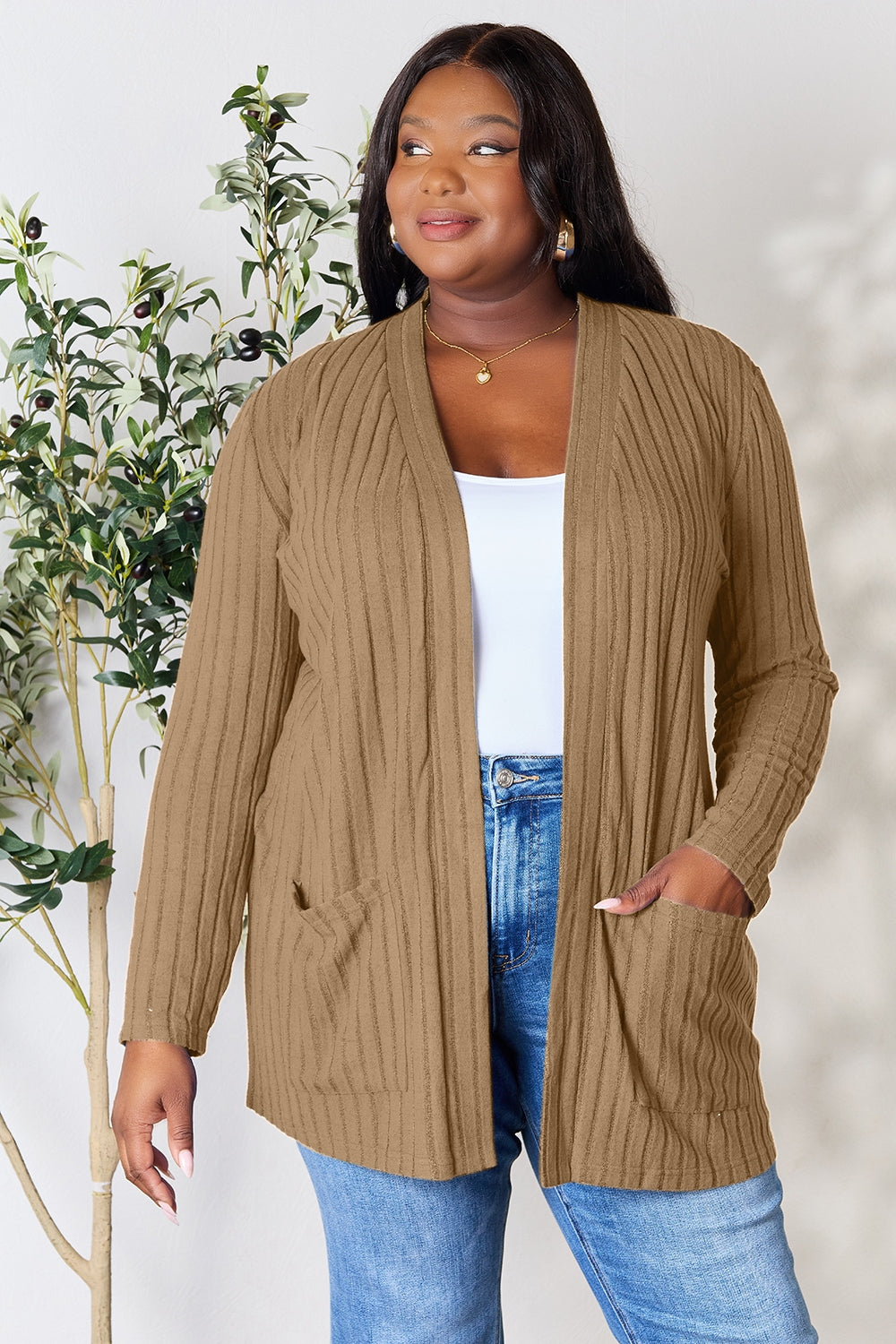 Basic Bae Full Size Ribbed Open Front Cardigan with Pockets-Angel Casuals