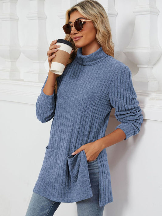 Slit Mock Neck Long Sleeve T-Shirt-Angel Casuals