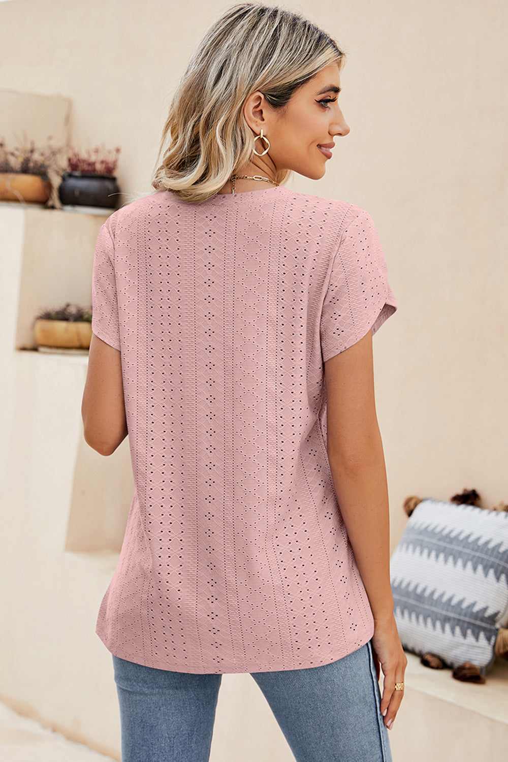 Eyelet V-Neck Petal Sleeve T-Shirt-Angel Casuals
