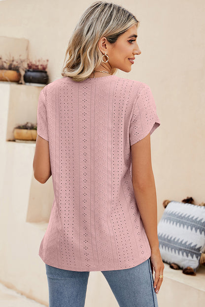 Eyelet V-Neck Petal Sleeve T-Shirt-Angel Casuals