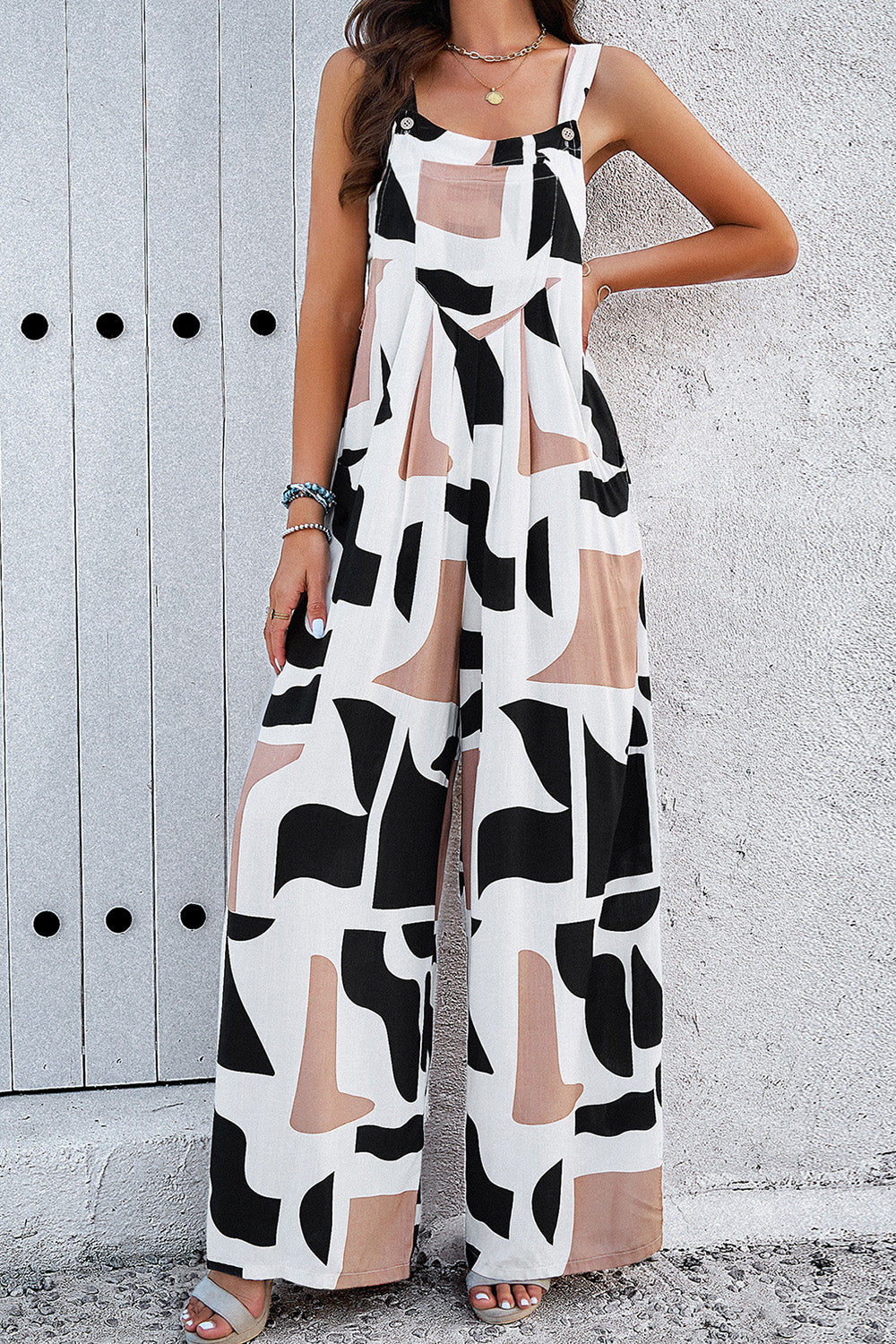 Printed Wide Strap Jumpsuit with Pockets-Angel Casuals