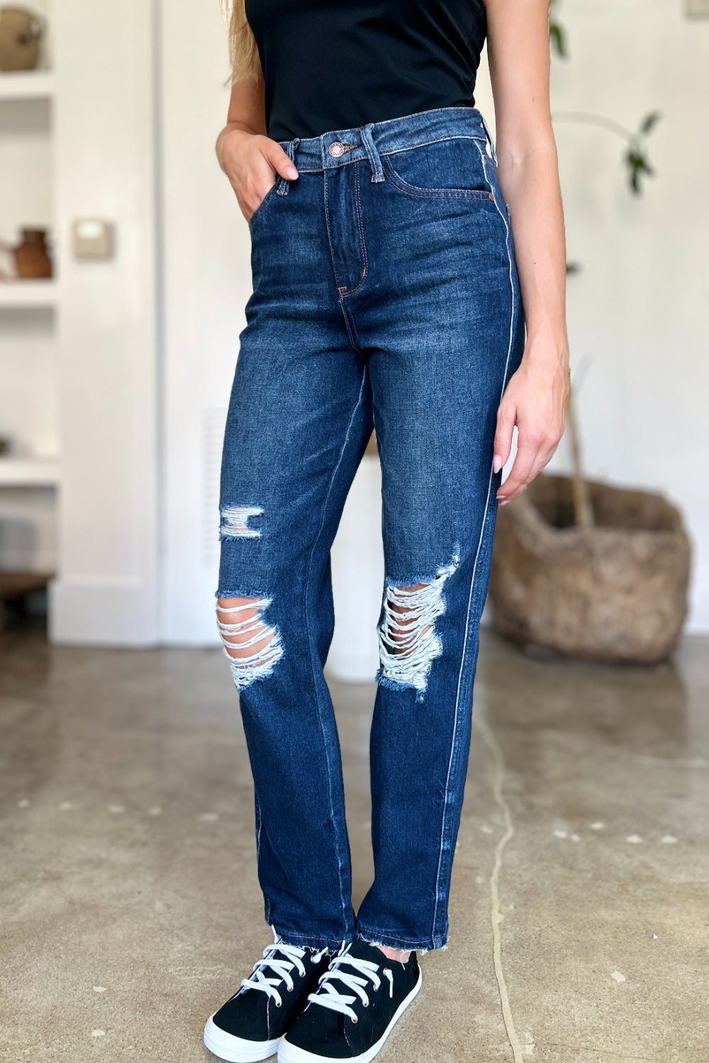 Judy Blue Full Size High Waist Rigid Magic Heavy Destroy Straight Jeans-Angel Casuals