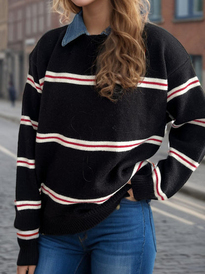 Contrast Stripes Round Neck Long Sleeve Sweater-Angel Casuals