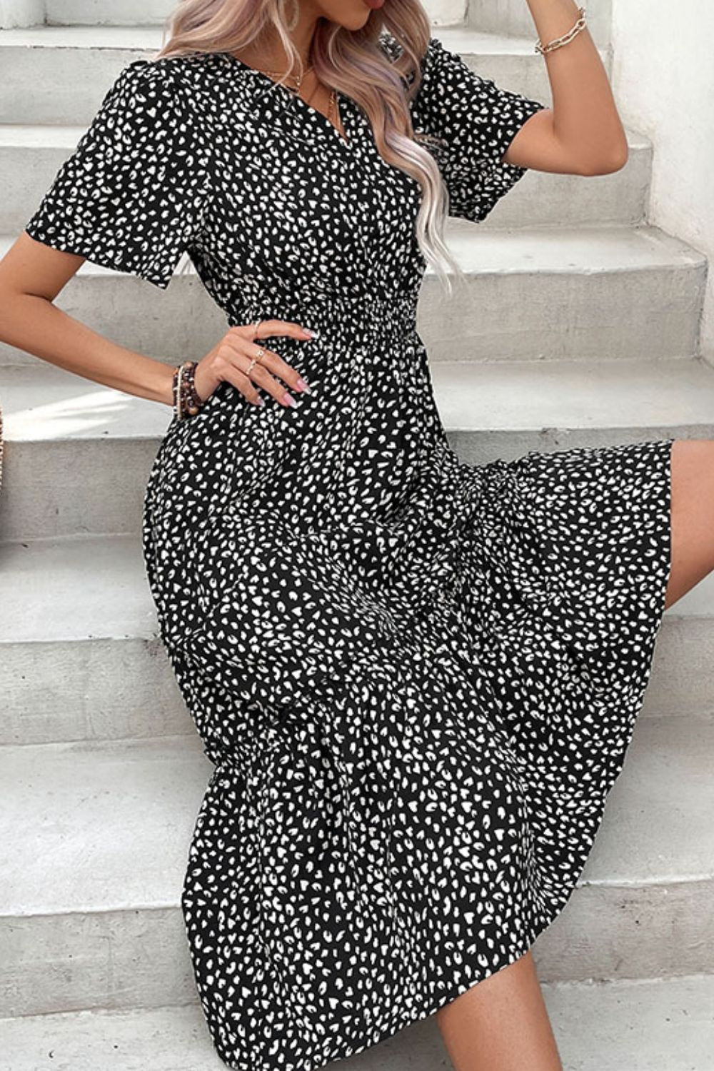 Leopard Print Short Sleeve Midi Dress-Angel Casuals