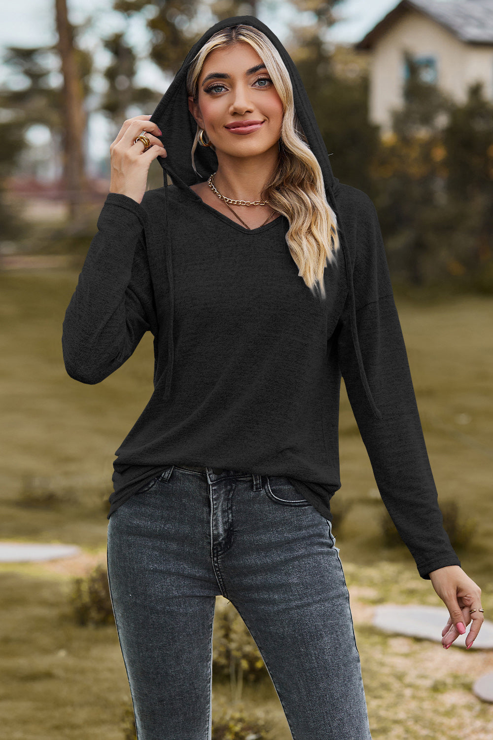 Drawstring Dropped Shoulder Hooded T-Shirt-Angel Casuals