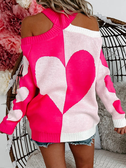 Valentine's Day Heart Turtleneck Cold Shoulder Sweater-Angel Casuals