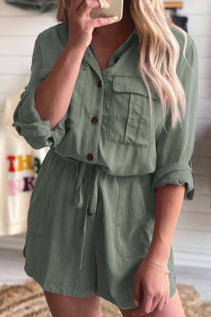 Collared Neck Drawstring Roll-Tab Sleeve Romper-Angel Casuals