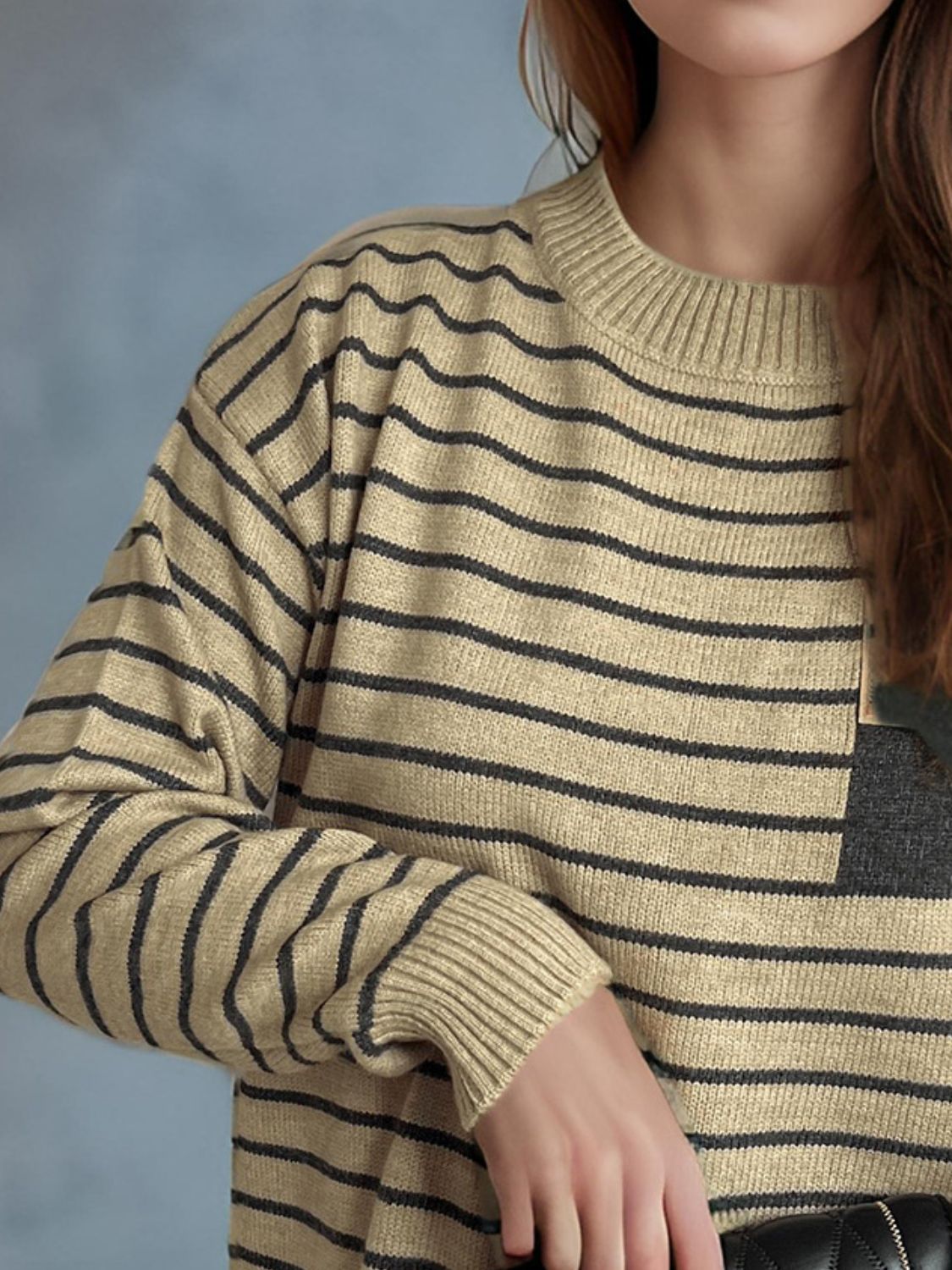 Striped Mock Neck Long Sleeve Sweater-Angel Casuals