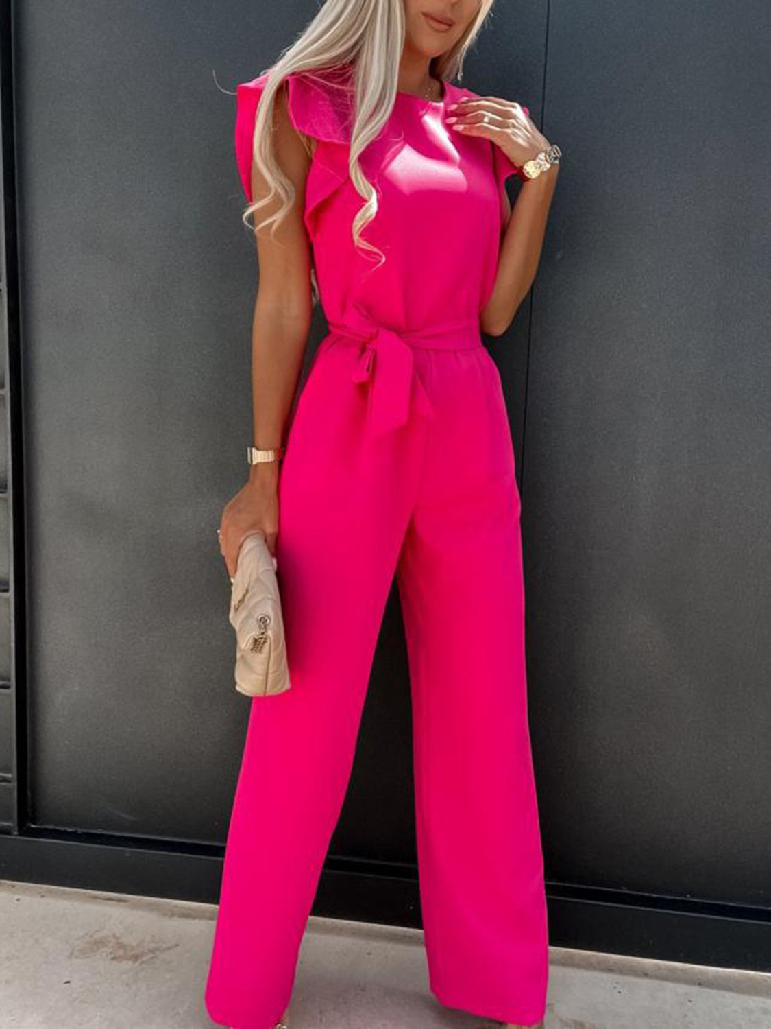 Ruffled Round Neck Cap Sleeve Jumpsuit-Angel Casuals