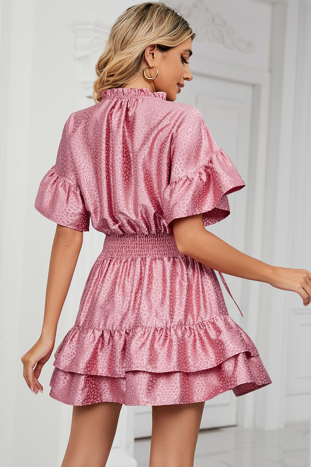 Smocked Tie Neck Flounce Sleeve Dress-Angel Casuals