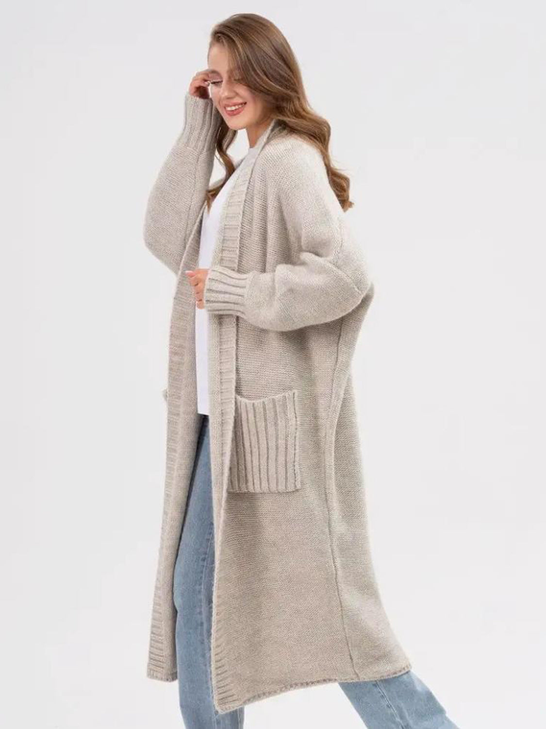 Pocketed Open Front Long Sleeve Longline Cardigan-Angel Casuals