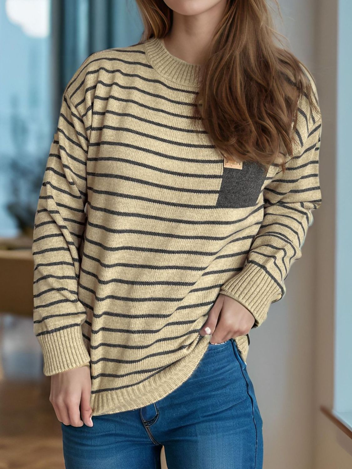 Striped Mock Neck Long Sleeve Sweater-Angel Casuals