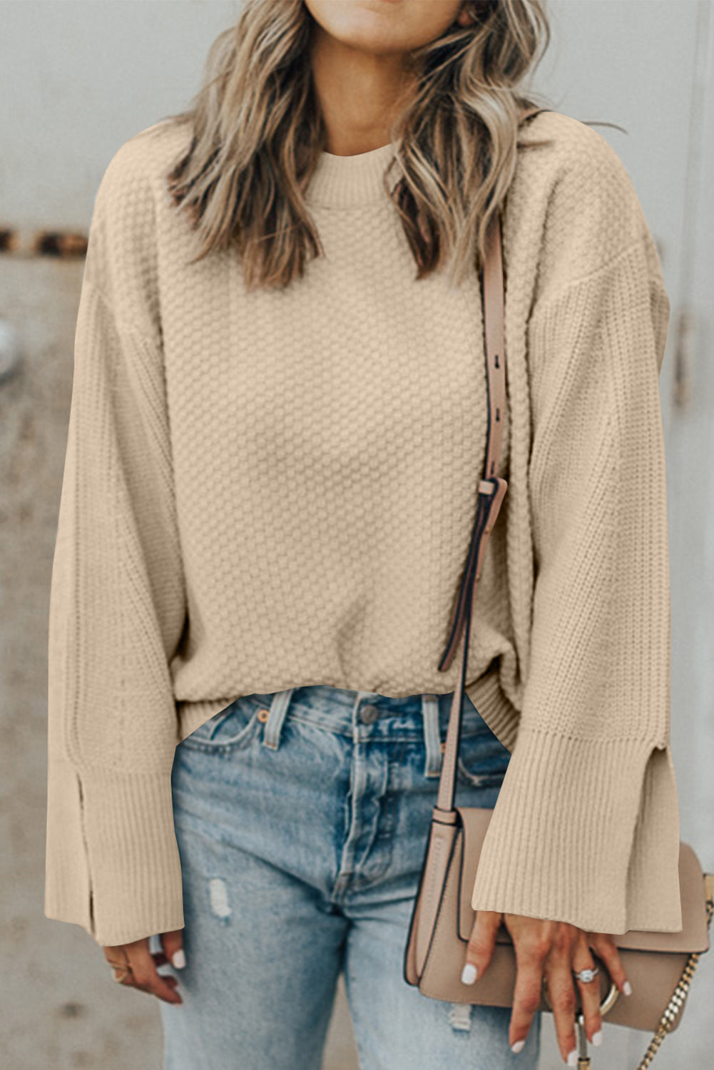 Textured Round Neck Long Sleeve Sweater-Angel Casuals