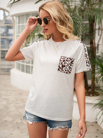 Pocketed Leopard Round Neck Short Sleeve T-Shirt-Angel Casuals