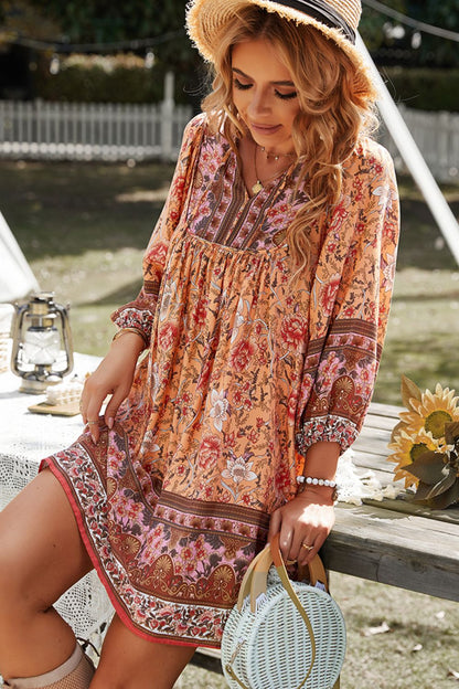 Bohemian Tie Neck Balloon Sleeve Dress-Angel Casuals