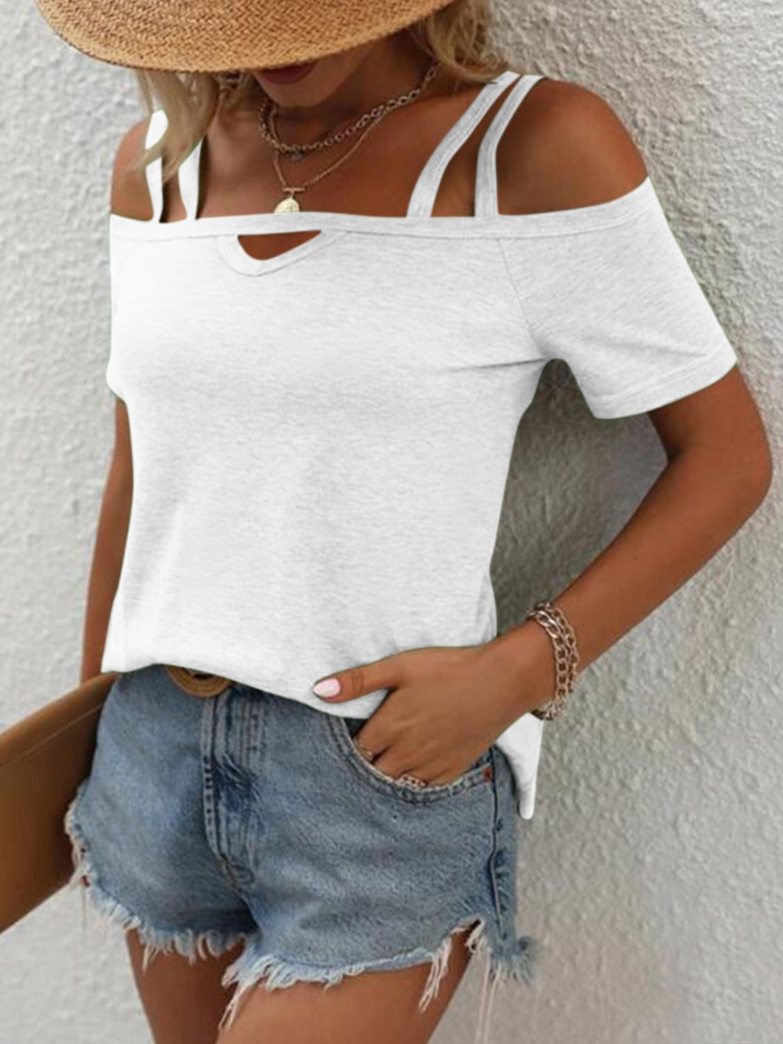 Double Spaghetti Straps Short Sleeve T-Shirt-Angel Casuals