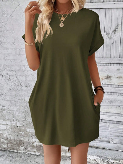 Round Neck Short Sleeve Mini Dress-Angel Casuals