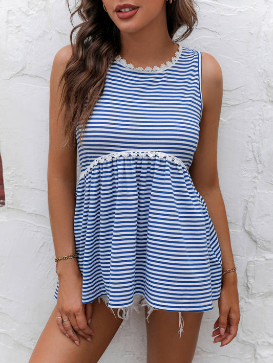 Striped Lace Trim Round Neck Tank-Angel Casuals