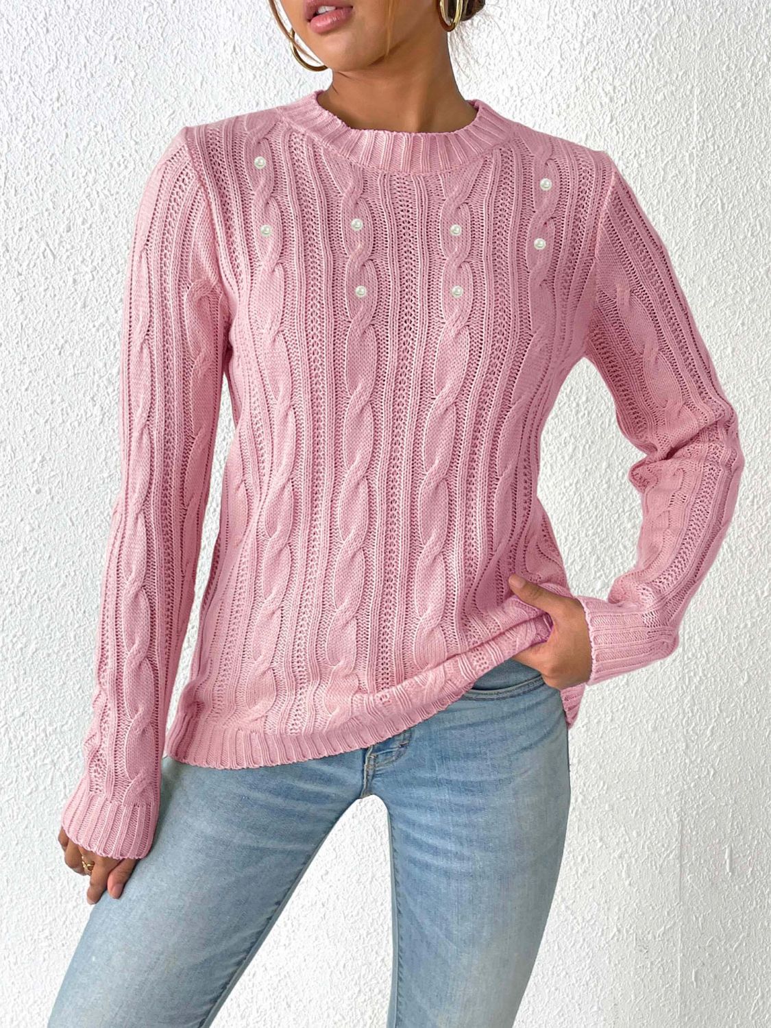 Cable-Knit Round Neck Long Sleeve Sweater-Angel Casuals