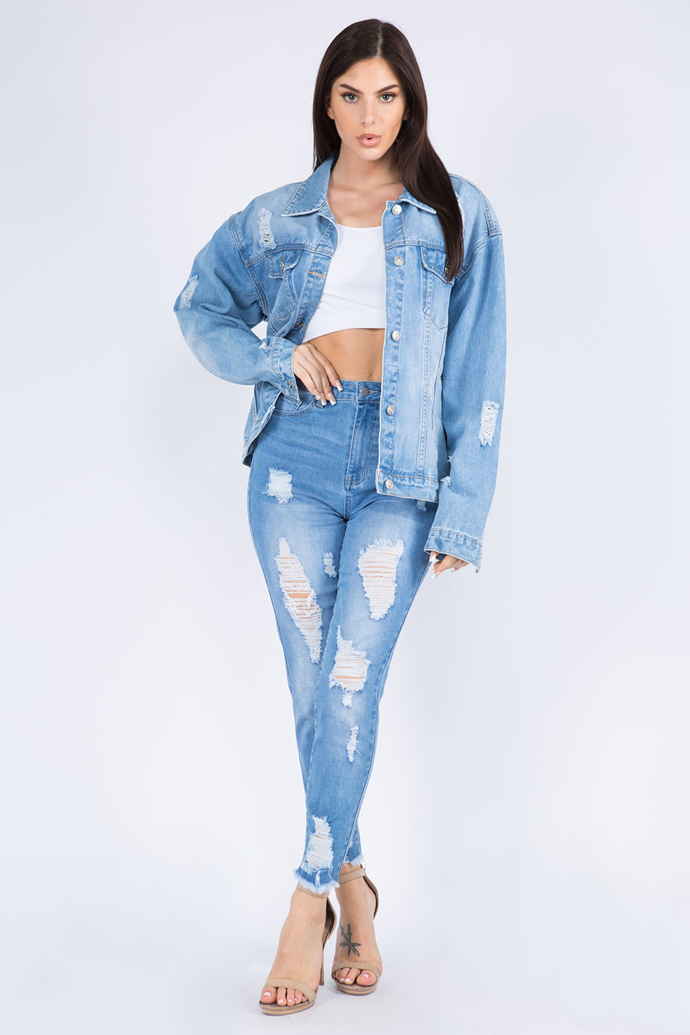 American Bazi Full Size Painted Back Distressed Denim Jacket-Angel Casuals