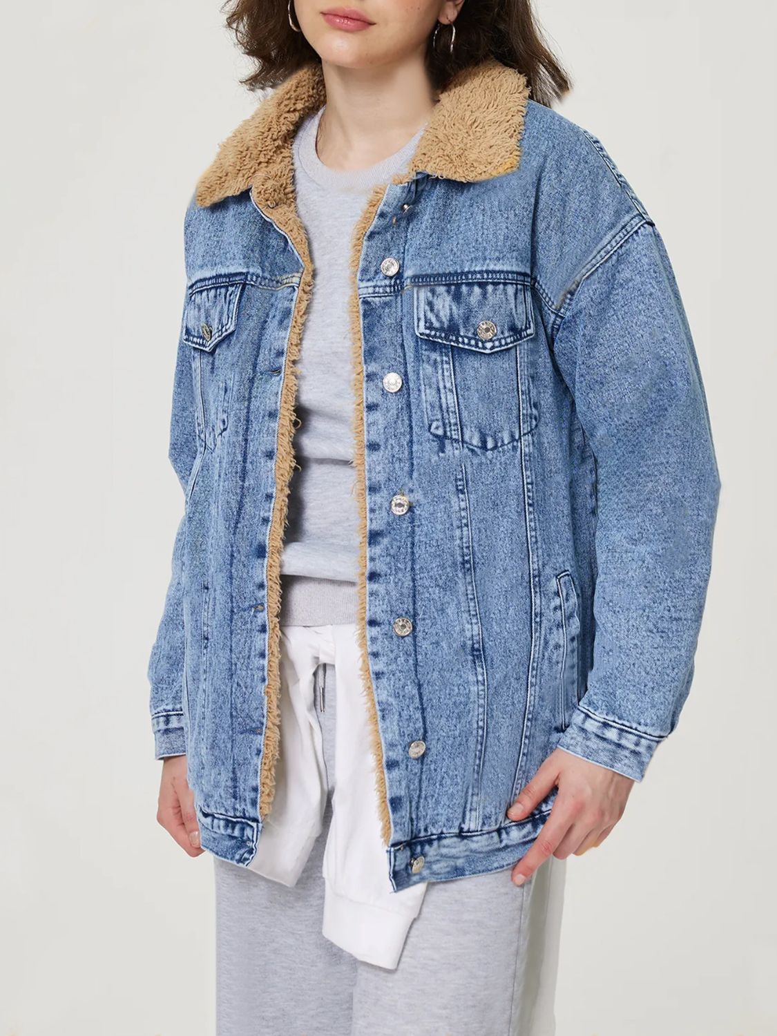 Button Up Collared Neck Plush Denim Jacket-Angel Casuals