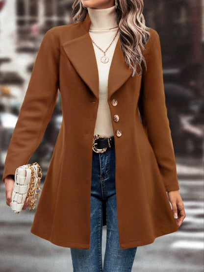 Collared Neck Button Up Long Sleeve Coat-Angel Casuals