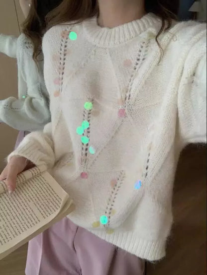 Sequin Round Neck Long Sleeve Sweater-Angel Casuals