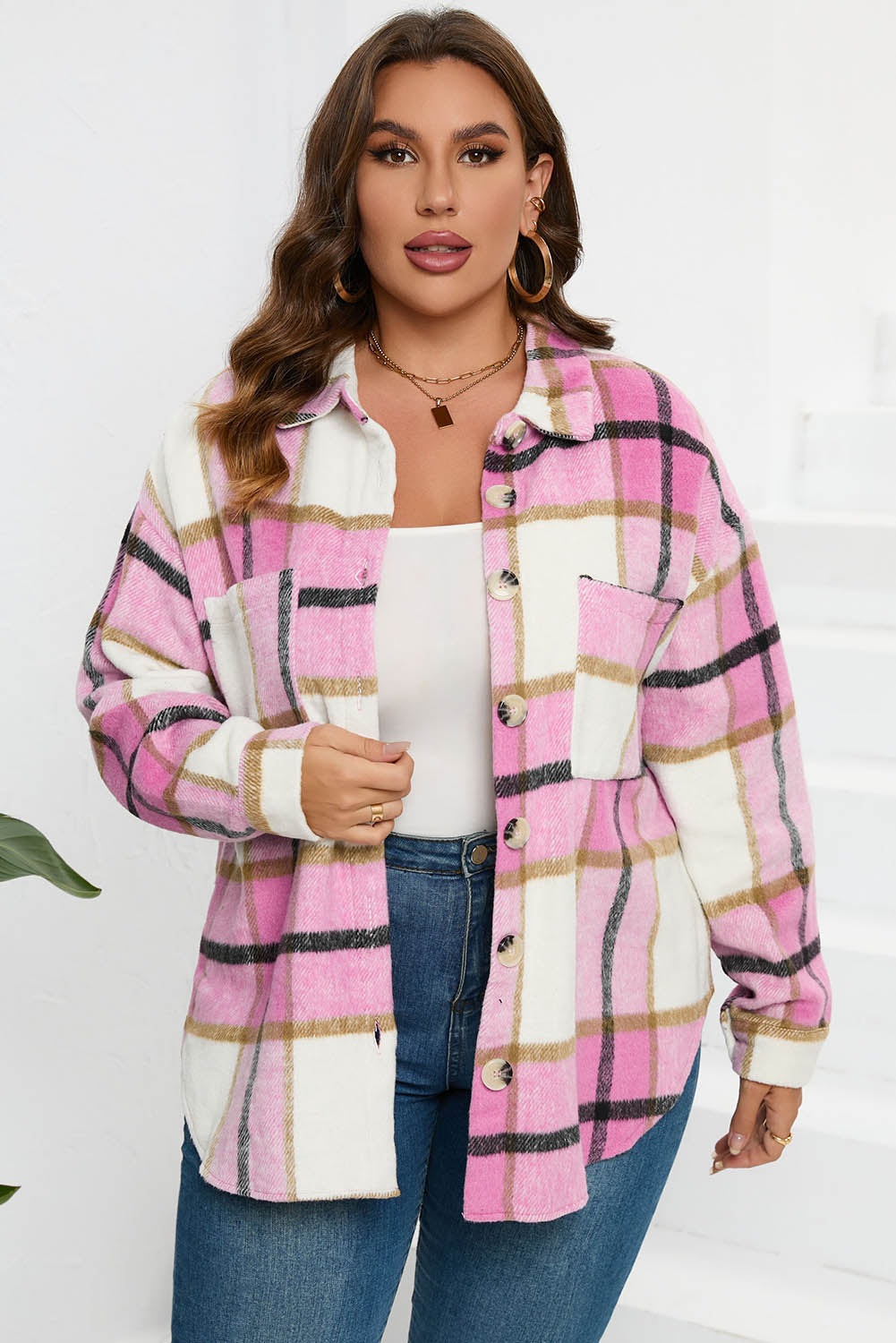 Plaid Button Up Dropped Shoulder Jacket-Angel Casuals