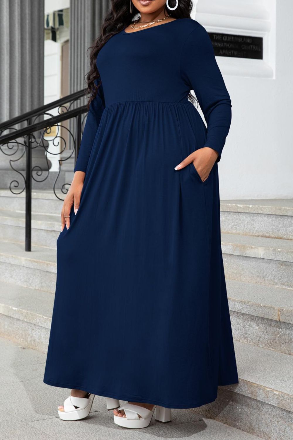 Plus Size Round Neck Long Sleeve Maxi Dress with Pockets-Angel Casuals