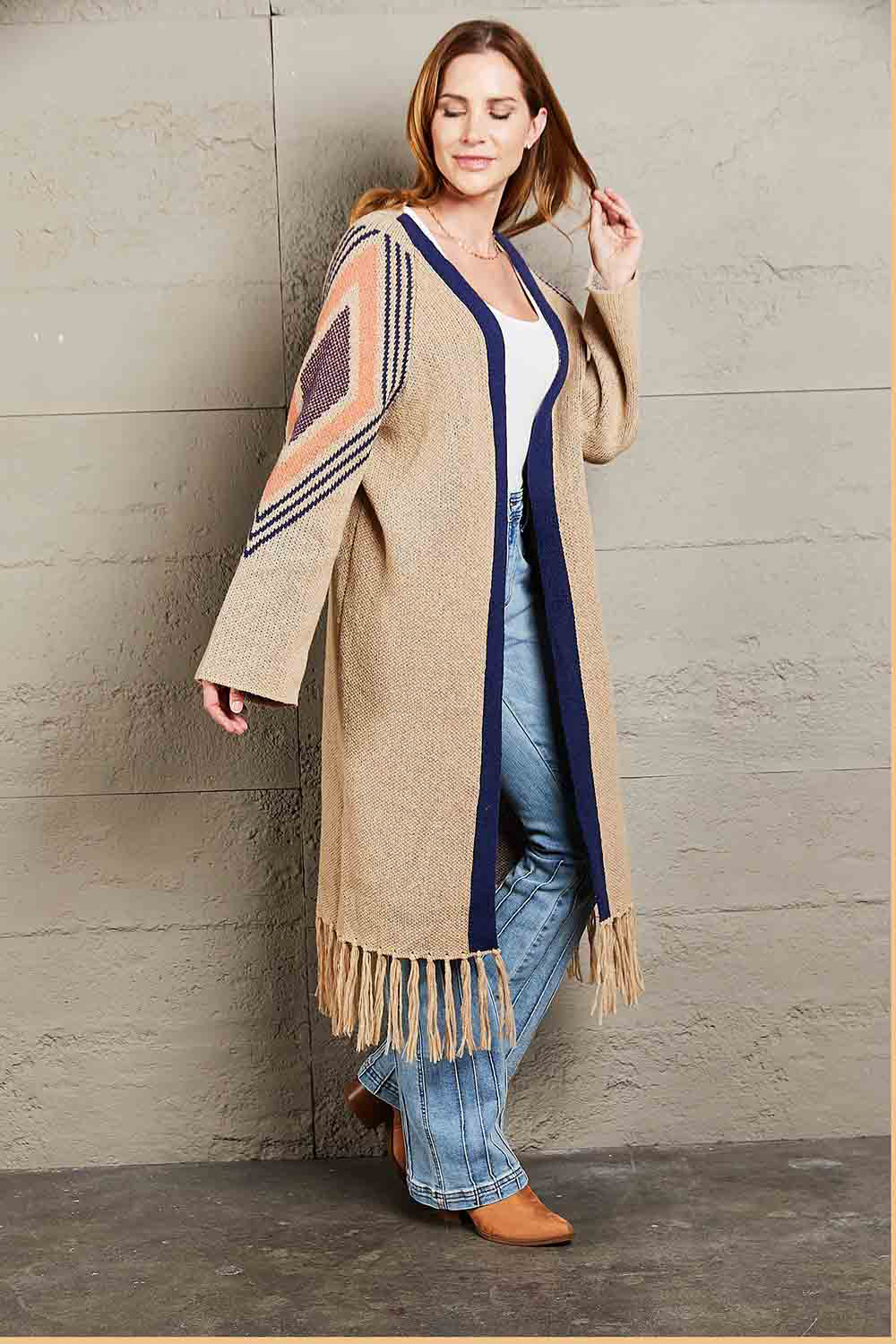 Geometric Fringe Hem Open Front Duster Cardigan-Angel Casuals