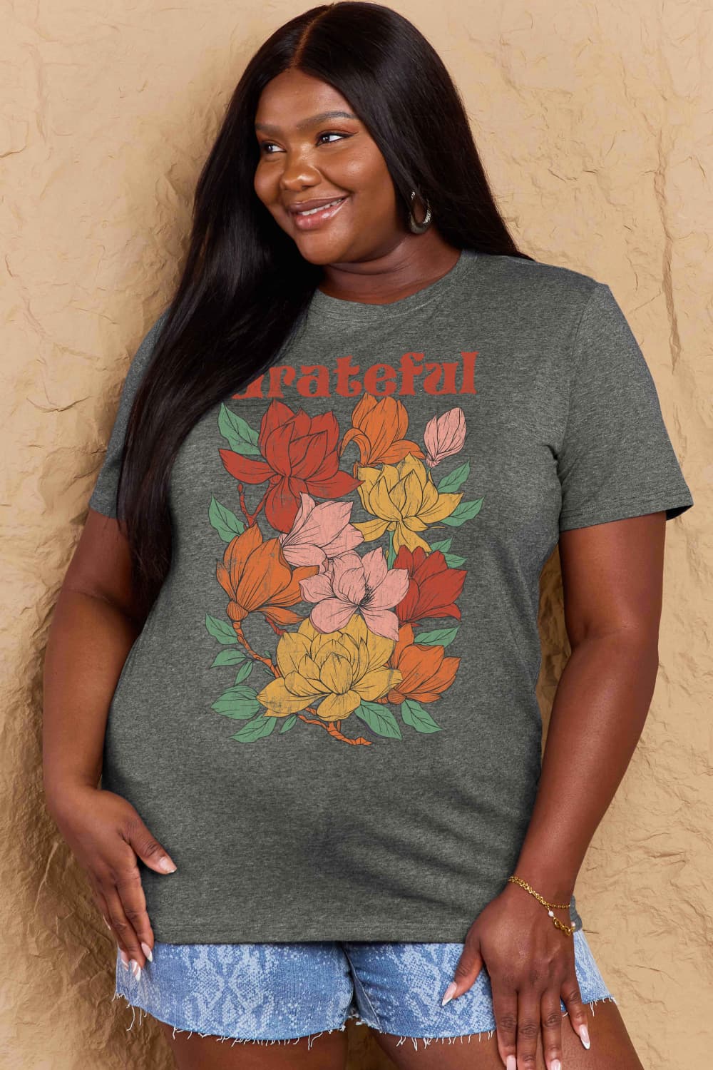 Simply Love Full Size GRATEFUL Flower Graphic Cotton T-Shirt-Angel Casuals