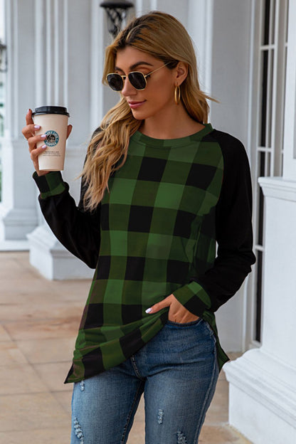 Plaid Round Neck Long Sleeve T-Shirt-Angel Casuals