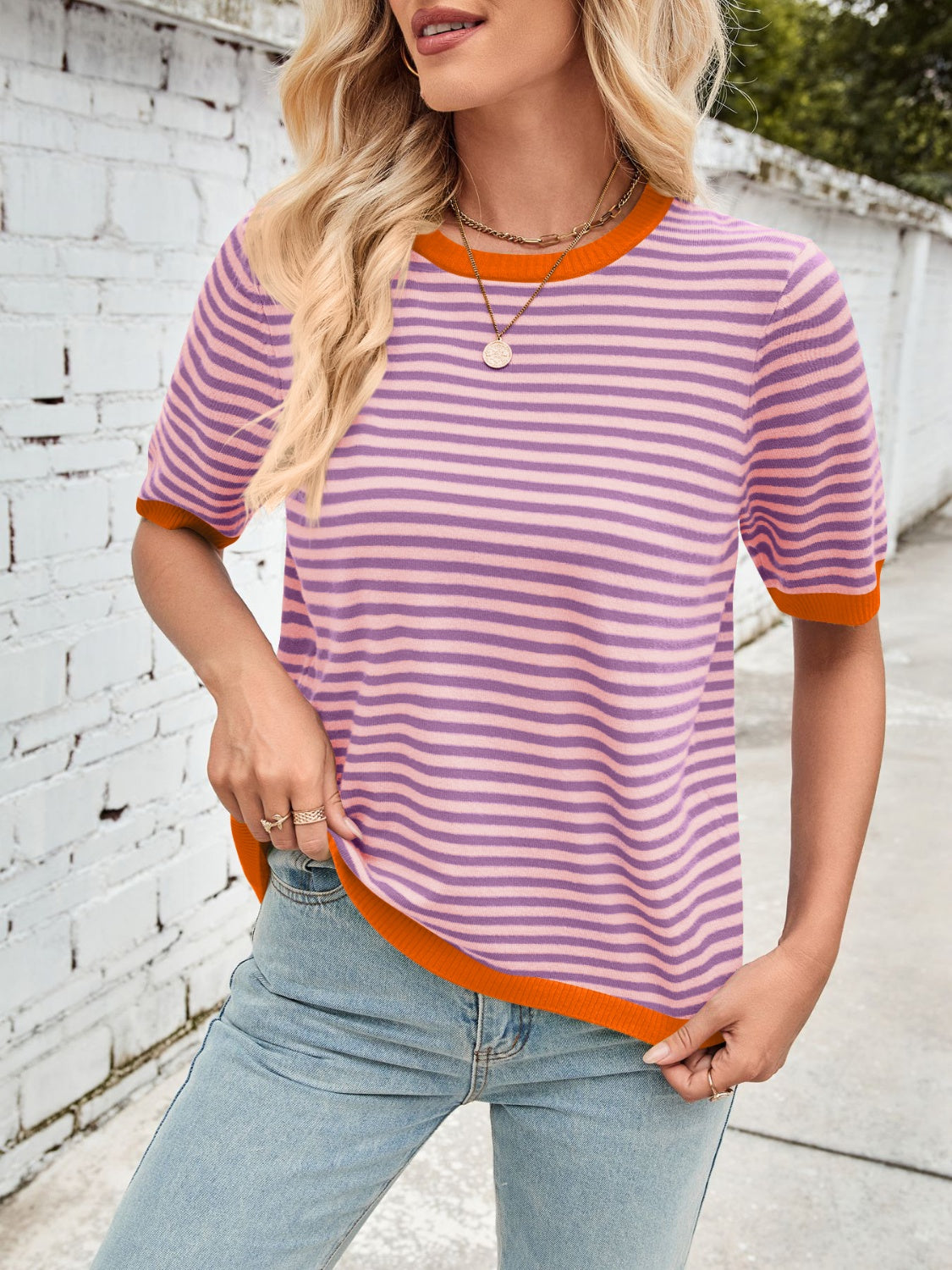 Lovelet Striped Contrast Round Neck Half Sleeve Knit Top-Angel Casuals