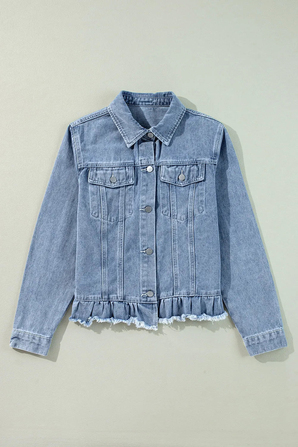 Raw Hem Long Sleeve Denim Jacket-Angel Casuals