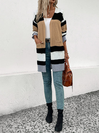 Perfee Color Block Open Front Drop Shoulder Cardigan-Angel Casuals