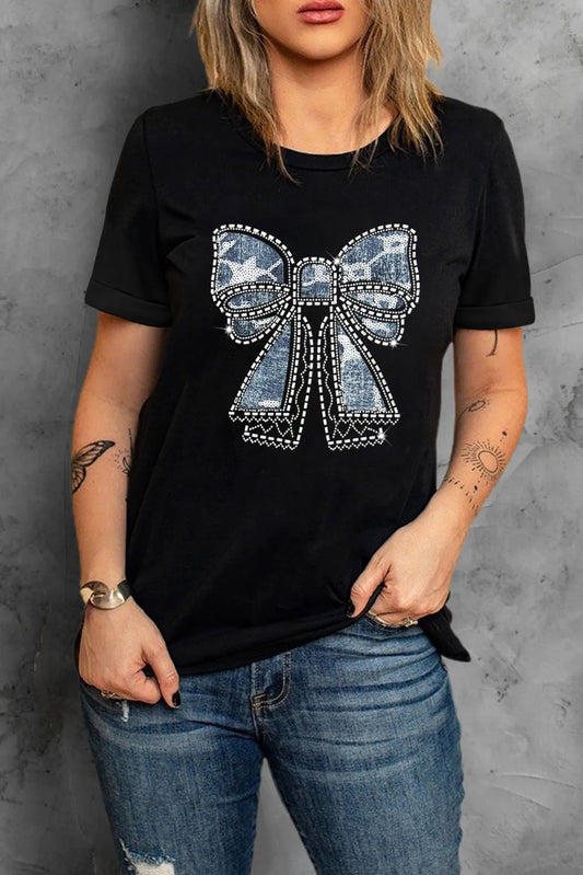 Bow Round Neck Short Sleeve T-Shirt-Angel Casuals