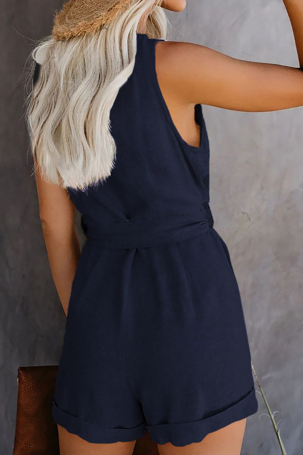 Full Size Tied V-Neck Sleeveless Romper with Pockets-Angel Casuals