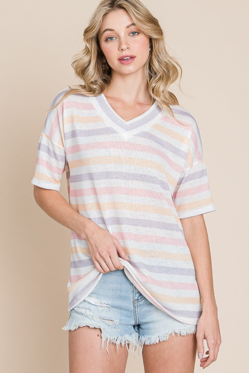 BOMBOM Striped V-Neck Short Sleeve T-Shirt-Angel Casuals