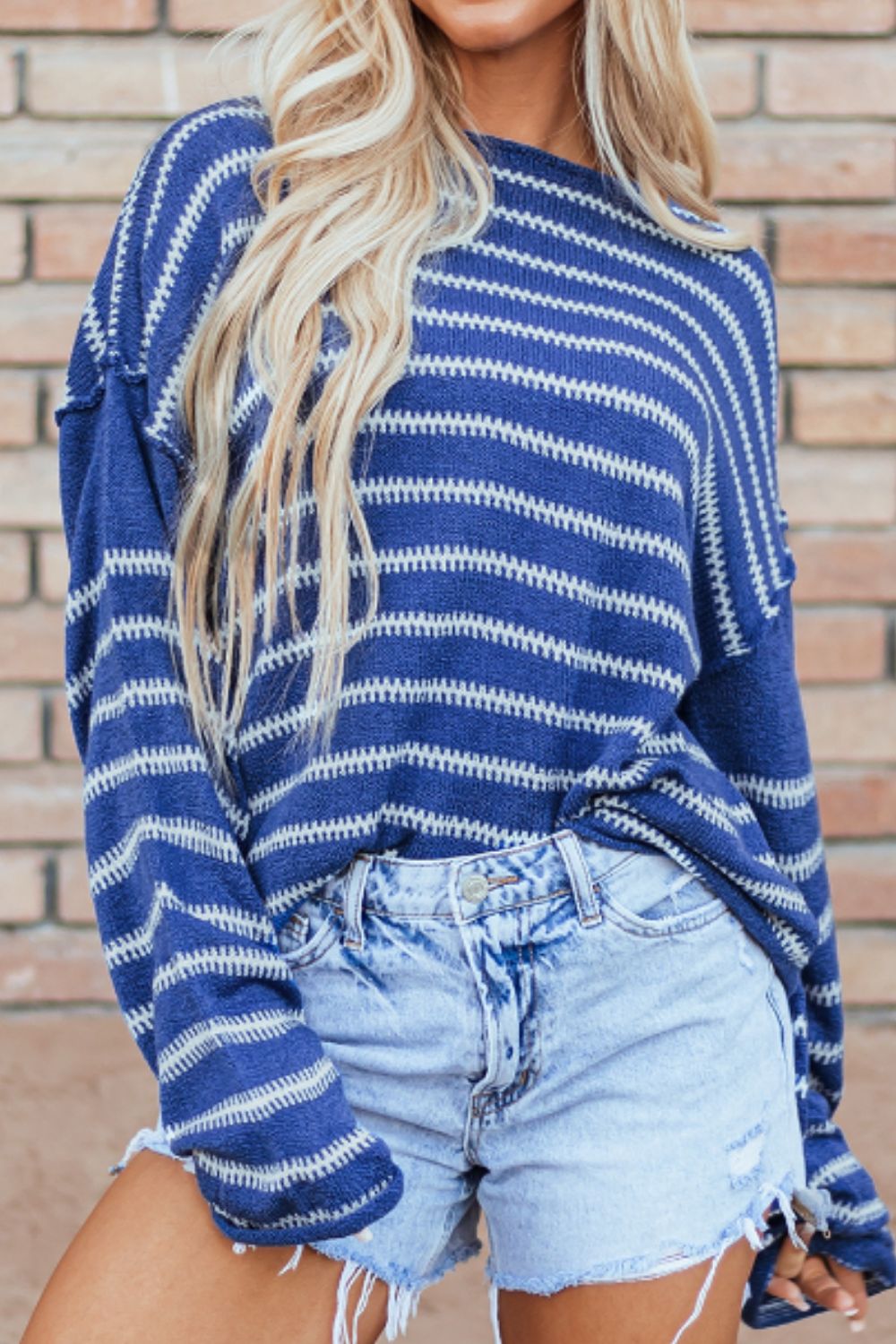 Striped Round Neck Dropped Shoulder Sweater-Angel Casuals