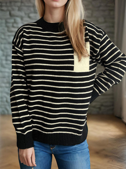 Striped Mock Neck Long Sleeve Sweater-Angel Casuals