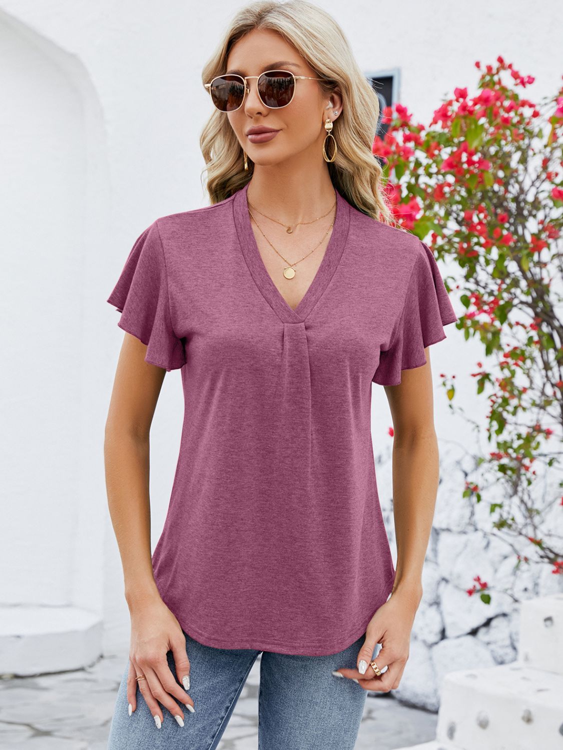 V-Neck Flutter Sleeve T-Shirt-Angel Casuals