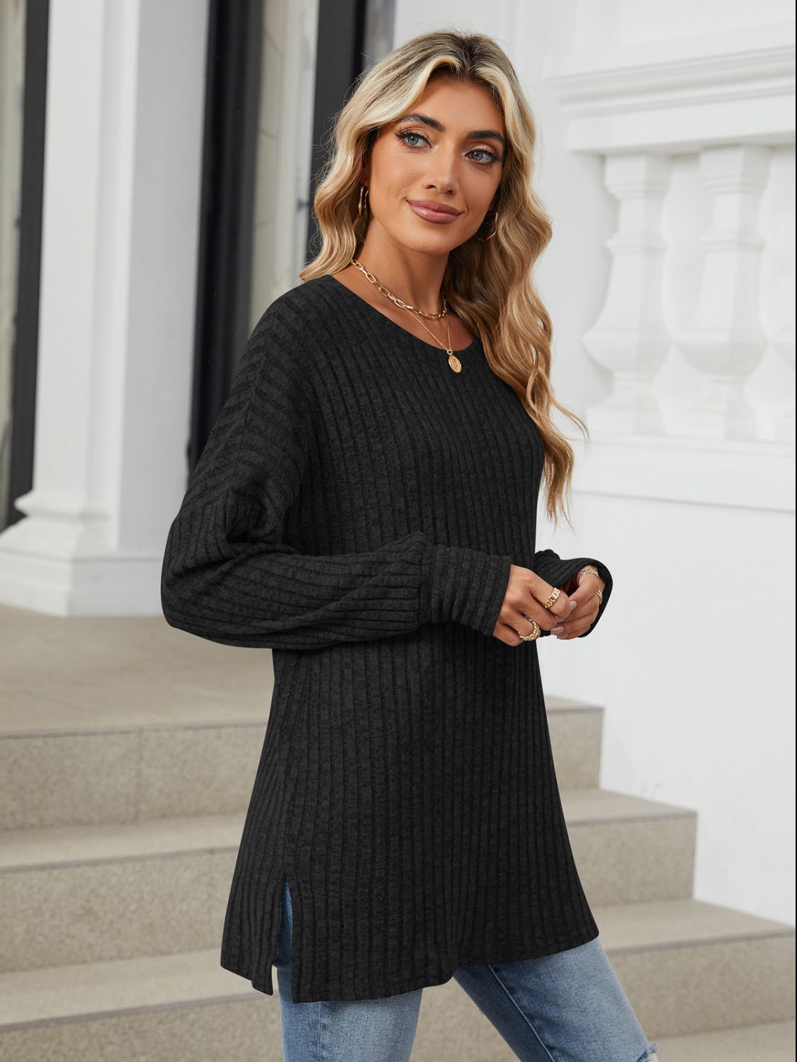 Ribbed Round Neck Long Sleeve T-Shirt-Angel Casuals