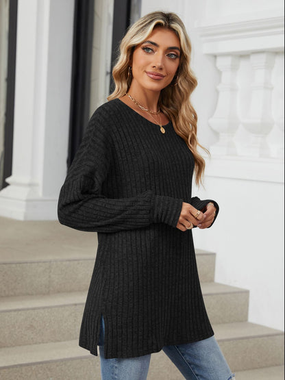 Ribbed Round Neck Long Sleeve T-Shirt-Angel Casuals