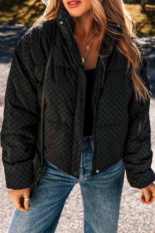 Checkered Turtleneck Zip Up Long Sleeve Winter Coat-Angel Casuals
