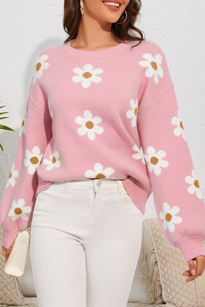 Flower Round Neck Dropped Shoulder Sweater-Angel Casuals