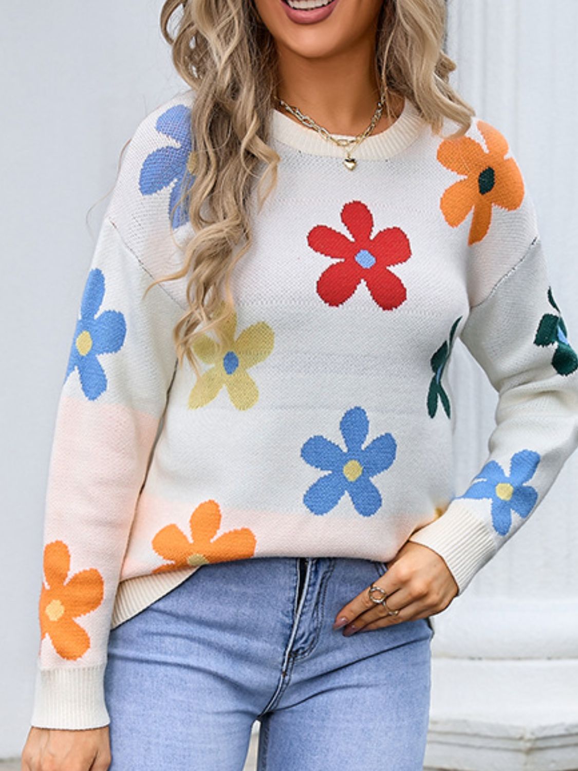 Angel Wings Flower Round Neck Long Sleeve Sweater-Angel Casuals