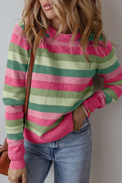 Striped Round Neck Long Sleeve Sweater-Angel Casuals