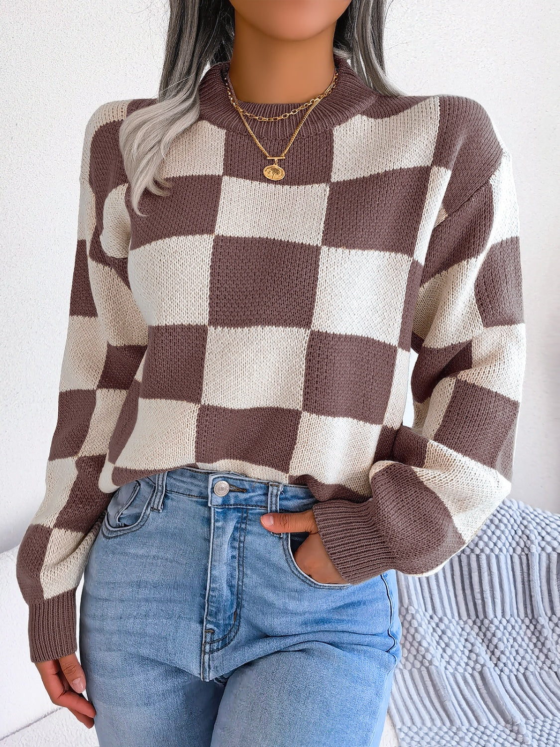 Checkered Mock Neck Long Sleeve Sweater-Angel Casuals