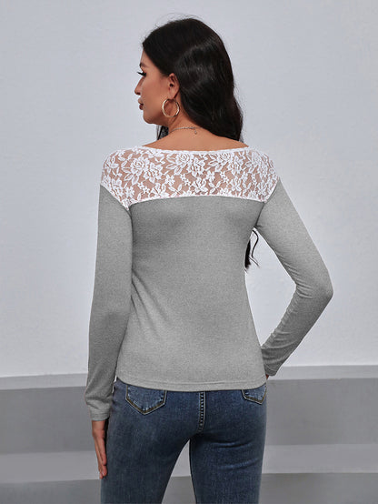 Lace Trim Long Sleeve Round Neck Tee-Angel Casuals