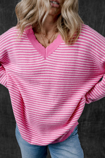 Striped V-Neck Dropped Shoulder Sweater-Angel Casuals